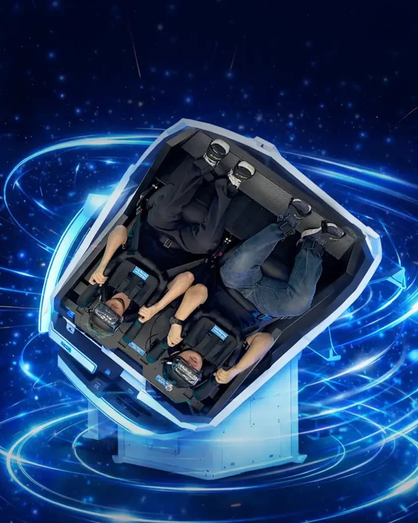 Riders strapped into the 360° VR motion-simulator chair at Odyssey VR Arena